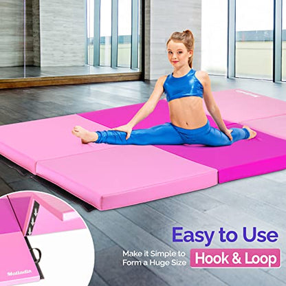 Matladin 6' Folding Tri-fold Gymnastics Gym Exercise Aerobics Mat, 6ft x 2ft x 2in PU Leather Tumbling Mats with Hook & Loop Fastener for Stretching Yoga Cheerleading Martial Arts - color: Purple&Pink