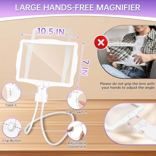 Large 10X Rechargeable Magnifying Glass for Reading with Light Hands Free Magnifying Glass Neck Wear Magnifier with 50 Led Lights Full Book Page Magnifier for Seniors Low Vision Elderly,White - color: White