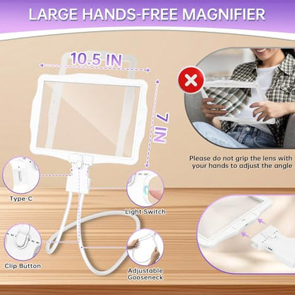 Large 10X Rechargeable Magnifying Glass for Reading with Light Hands Free Magnifying Glass Neck Wear Magnifier with 50 Led Lights Full Book Page Magnifier for Seniors Low Vision Elderly,White - color: White
