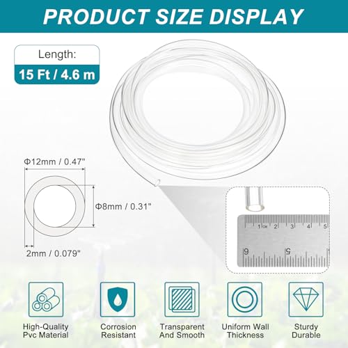 uxcell 5/16 Inch Clear PVC Tubing, 8mm ID x 12mm OD - 15ft PVC Tube Lightweight Vinyl Hose, Transparent Flexible Plastic Water Tubing for Air Oil Water Transfer Aquarium Irrigation - size: 8mm ID x 12mm OD