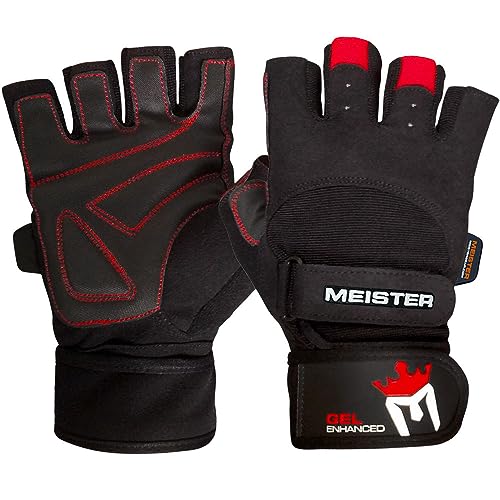 Meister Wrist Wrap Weight Lifting Gloves w/Gel Padding - color: Black / Red, size: Small