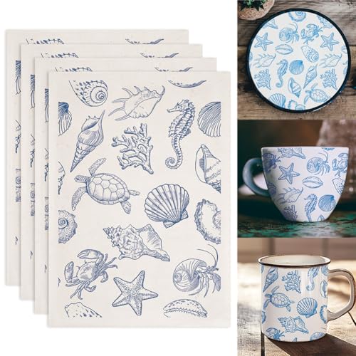 SUPERDANT 5PCS Marine Life Underglaze Paper Transfer Scallops Seahorses Turtles Transfer Paper for Clay Ceramic Porcelain Under Glaze Transfers for Pottery Enamel Decals Papers Handcrafted Gifts - style: Marine Life