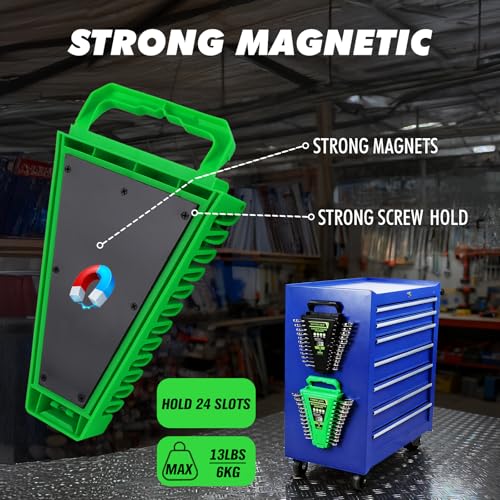 2-Piece Magnetic Wrench Organizer, Metric & SAE Portable Plastic Wrench Holder, 24-Slot Total, Foldable Carrying Handle for Wall-Mounted, Easy-Open Lock Cover, Wrenches Storage Rack Tool for Tool Box - style: 24-Slot with Cover