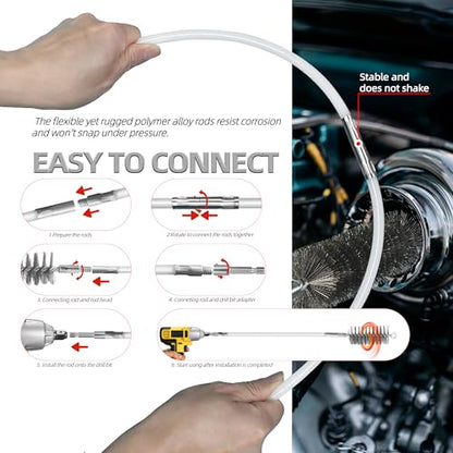 Drill-Powered Chimney & Pipe Cleaning Brush Kit - 50" Flexible Rods, 4 Stainless Steel Brush Heads (15-50mm), for Fireplace, Auto Parts, Tubes