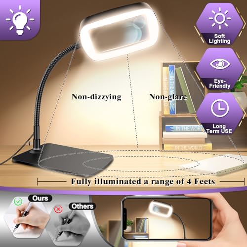10X 30X Large Magnifying Glass with Light and Stand, 5-inch Lighted Magnifier, 72 LED 3 Color Modes Stepless Dimmable, Hands-Free Magnifying Glass Desk Lamp for Reading Craft Hobby Close Work