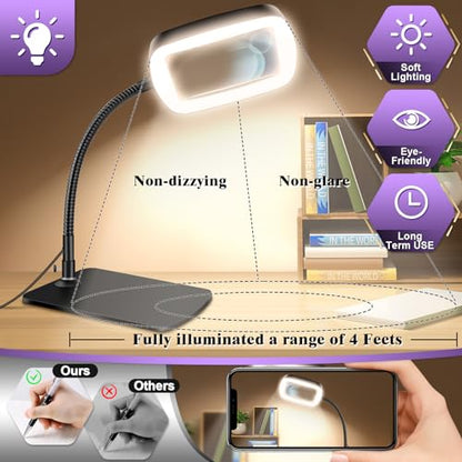 10X 30X Large Magnifying Glass with Light and Stand, 5-inch Lighted Magnifier, 72 LED 3 Color Modes Stepless Dimmable, Hands-Free Magnifying Glass Desk Lamp for Reading Craft Hobby Close Work