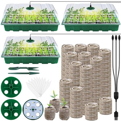 3 Pack Seed Starter Tray Kit with Grow Light Germination Trays with Humidity Dome, 120 Peat Pellets, Gardening Tools, Plant Labels, Plant Growing Trays for Seeds Growing Starting, Green - color: Green