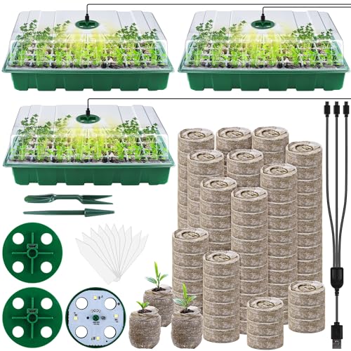 3 Pack Seed Starter Tray Kit with Grow Light Germination Trays with Humidity Dome, 120 Peat Pellets, Gardening Tools, Plant Labels, Plant Growing Trays for Seeds Growing Starting, Green - color: Green