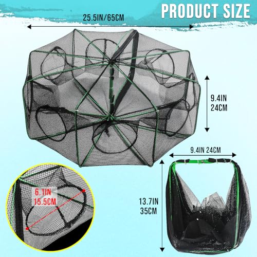 Fishing Bait Trap Crab Trap Minnow Traps, Foldable Net for Blue Crabs Lobster Shrimp Crawfish with Rope and Crabbing Equipment - color: Black-2 Pack, size: 8 Holes-25.5" x 9.4"
