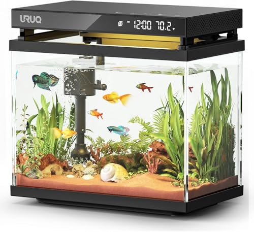 Fish Tank Smart Aquarium Kit: 2 Gallon UHD Glass Silent Water Pump Self Cleaning Multi-Layer Filtration System - Temperature Sensing 7-Color Lighting for Small Fish Betta Room Desktop Decor - Black - color: Black