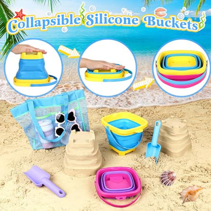 Collapsible Beach Buckets for Kids, 2 Packs Foldable Sand Buckets and Shovels with Mesh Beach Bag, Silicone Sand Pails for Toddlers Beach Toys, Easter Egg Hunt, Camping, Travelling, Fishing Water Pail