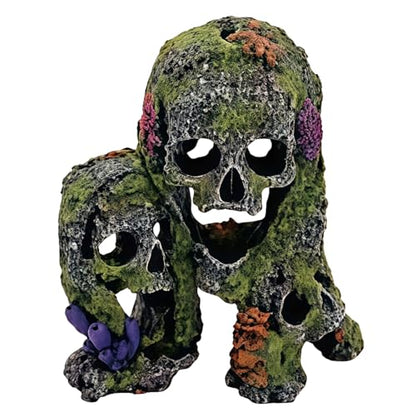 Betta Fish Tank Decorations Hideout - Triple Skull Hiding Cave for Aquarium, Resin Ornament with Artificial Moss Texture and Multiple Entrances for Shrimp, Small Fish - 7.3x4.9x6.1inch