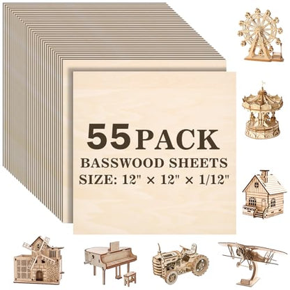 55 Pack Basswood Sheets for Crafts,12"x12"x1/12 2mm Thick Plywood Sheets with Smooth Surfaces-Unfinished Squares Wood Boards for Laser Cutting, Wood Burning, Architectural Models, Staining - size: 55 Pack -12X12X1/12 Inch