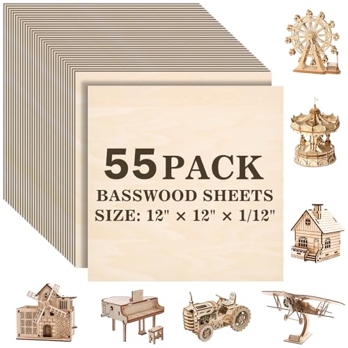 55 Pack Basswood Sheets for Crafts,12"x12"x1/12 2mm Thick Plywood Sheets with Smooth Surfaces-Unfinished Squares Wood Boards for Laser Cutting, Wood Burning, Architectural Models, Staining - size: 55 Pack -12X12X1/12 Inch