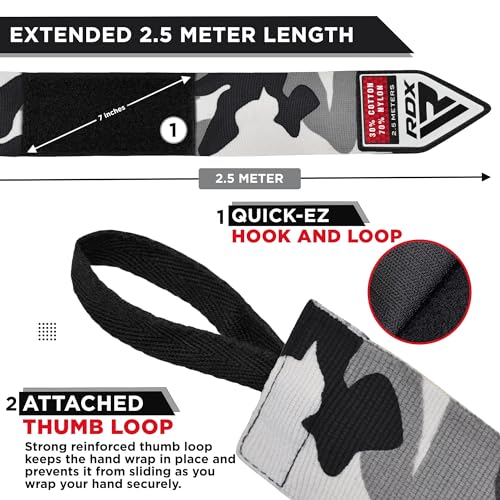 RDX Boxing Wraps Kids 2.5M Inner Gloves, Elasticated Thumb Loop Bandages, Junior Under Mitts Hand Fist Protector Wrist Support Straps, Muay Thai MMA Kickboxing Martial Arts Speed Bag Punching Training - color: CAMO GREY