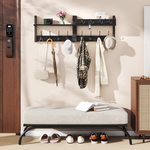 YMYNY 31.5" Coat and Key Rack Wall Mount with Shelf, Black, HWS007B-2 | 4-in-1 Coat and Key Hanger with 12 Metal Hooks, Entryway Wall Shelf with Hooks & Mail Holder for Living Room, Bedroom - color: Black, size: 31.5" - 4-in-1