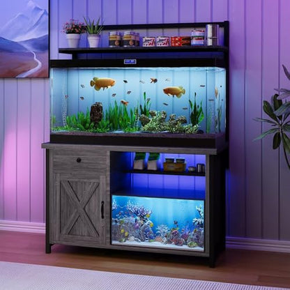4ever2buy 55-75 Gallon Fish Tank Stand with Power Outlet, Led Light, Heavy Duty Aquarium Stand with Cabinet for Fish Tank Accessories Storage, Shelf, for Turtle Tank, Reptile Terrarium, 1100 LBS, Gray