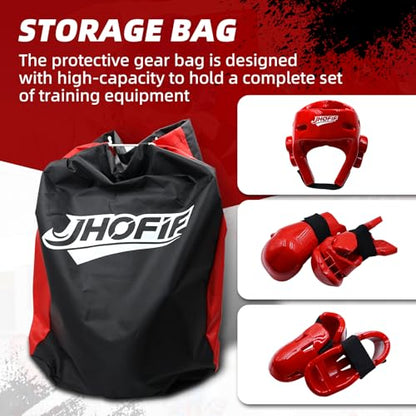 Martial Arts Karate Protective Sparring Gear Package Deal/Gift Adjustable Adult & Youth Headgear, Gloves & Kicks for MMA, Taekwondo, Boxing Training (Red, Medium)