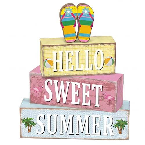 4 Pcs Summer Flip Flop Wooden Table Decorations Hello Summer Centerpiece Tiered Tray Decor Beach Farmhouse Blocks Table Top Sign for Home - style: Summer