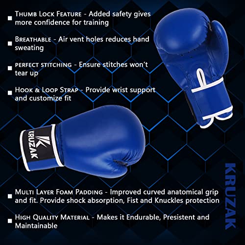 Kruzak Plain Boxing Gloves for Sparring, Kickboxing, Muay Thai, Martial Arts & MMA Fighting - Men & Women Punch Bag Mitts Training and Focus Pads Punching - color: Blue, size: 10 oz