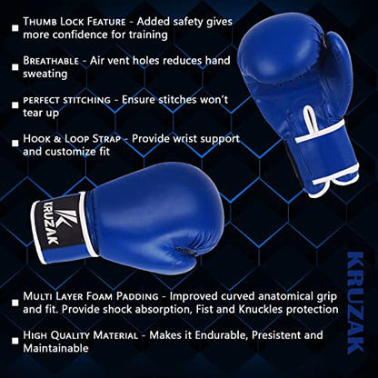 Kruzak Plain Boxing Gloves for Sparring, Kickboxing, Muay Thai, Martial Arts & MMA Fighting - Men & Women Punch Bag Mitts Training and Focus Pads Punching - color: Blue, size: 14 oz