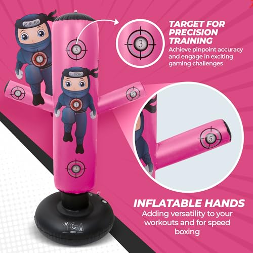 PUNCHO Punching Bag for Kids 3-12 with Boxing Gloves, Pump and Play Book - color: Pink