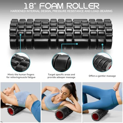 Krightlink 5-in-1 18" Foam Roller Set for Deep Muscle Massage Release | Foam Roller Back Roller for Fitness Relieves Muscle Pain Myofascial Trigger Point Release Pilates, Yoga (18" Black) - color: Black-18"(5 in 1)