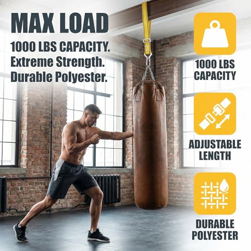 Heavy Duty Boxing Bag Hanger Strap Mount - Yellow, Supports Up to 1000lbs, Adjustable Length 40-80in, Reduces Noise, Ideal for Boxing, Muay Thai, MMA, Adults & Youth