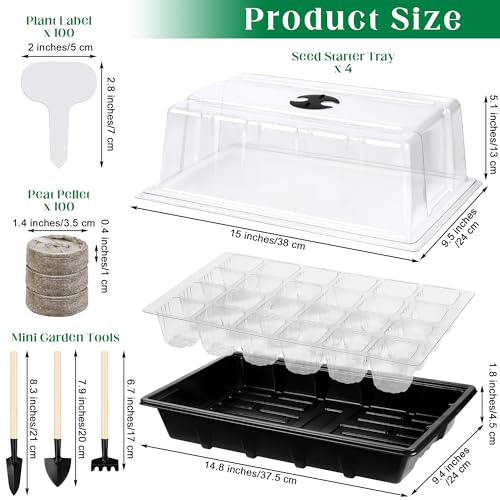 4 Sets Seed Starter Tray Kit Germination Starter Tray with Humidity Dome and Base Include 100 Peat Pellets 100 Plant Labels Garden Tools Plastic Plant Growing Trays for Greenhouse Garden, Black