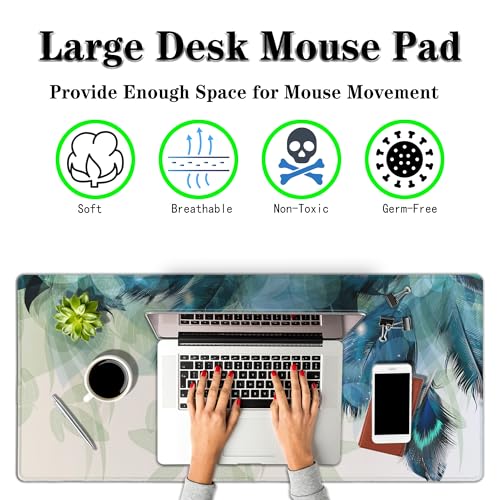 Gaming Mouse Pad Navy Desk Mat Large Desk Pads Mens Office Accessories Pad for Table Non-Slip Rubber Base Waterproof with Stitched Edges 35.4" X 15.7" for Game Office, Peacock Feather