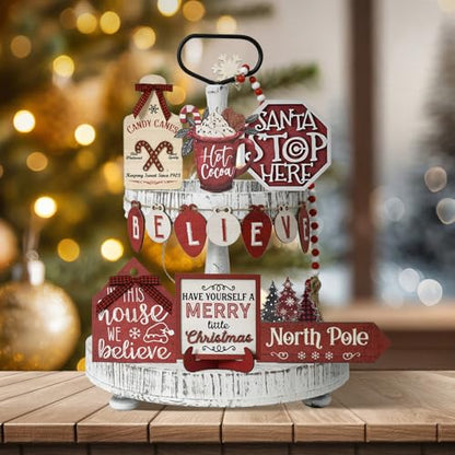 Smile Christmas Indoor Decoration, Tiered Tray Decor Set Wooden Centerpiece, We Believe Tabletop Wooden Decoration for Xmas Home - style: Christmas Rustic