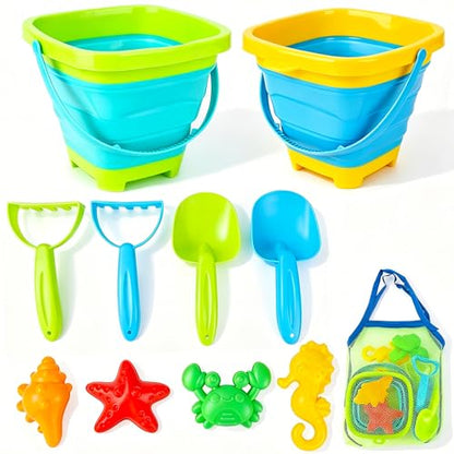 VGY Space-Saving Beach Toys for Kids,2 Collapsible Sand Buckets with Shovels,Rakes,Molds & Mesh Beach Bag,Portable Travel Sandbox Toys for Toddlers Ages 3-10