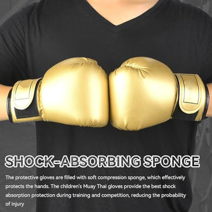 HERCHR Boxing Gloves, PU Leather Taekwondo Gloves Professional Fighting Children Boxing Training Gloves Thickened Punching Sparring Training Mitts for Kids - color: gold