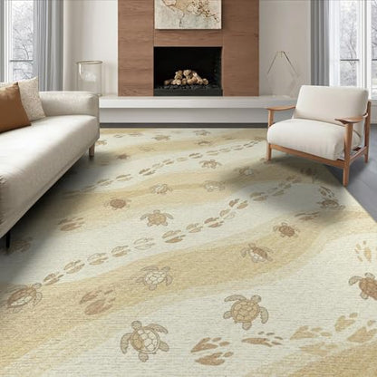 8'x10' Washable Beachy Sea Turtle Large Rug, Beige Non-Shedding Pet Friendly Carpet for King Size Bedroom, Master Suite, Under Bed, Foldable Easy Care Mat | Ref:1955149 - color: Beige/Pattern 19, size: 8' x 10' (Rectangular)