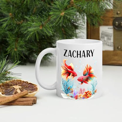 Personalized Betta Fish Coffee Mugs Gifts For Friends Coworkers, Custom Name Betta Fish White Mugs 11 Oz, Betta Fish Coffee Cup Gift For Betta Fish Lovers Birthday, Siamese Fighting Fish Accent Mug