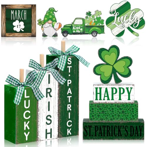 11 Pcs St. Patrick's Day Table Decorations Shamrocks Tiered Tray Home Decor Irish Centerpiece Decorative Wood Books Table Top Decor Clover Wooden Sign for Party Supplies - style: Shamrocks