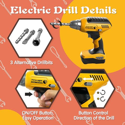 Kids Tool Set with Tool Box & Electronic Toy Drill, Pretend Play Kids Construction Kits, Toy Tools for Toddlers 3-5, Kids Tool Sets for Boys Ages 4-6