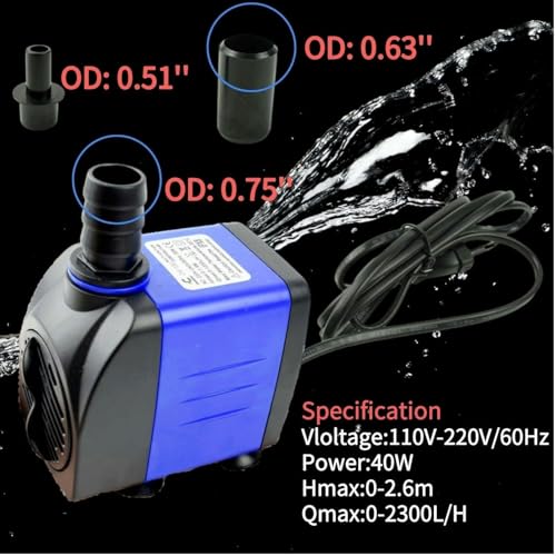 Conquerall CHA-2300 650GPH 2500L/H AC 110V Submersible Pump 40W Durable Adjustable Flow Rate 8.53ft High Head for Aquariums, Water Features, Outdoor Fountains,Ponds, Waterfalls, Pump Hydroponics - size: 650GPH-40W