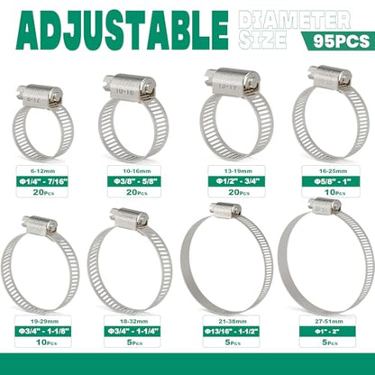 95PCS Hose Clamps Stainless Steel Assortment Adjustable 1/4"-2"(6-51mm) Worm Gear Hose Clamp, Heavy Duty Metal Small Hose Clamps for Automotive, Pipe, Radiator Plumbing, Fuel Line - size: 95PCS KIT-HOSE CLAMP(1/4"-2")
