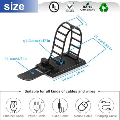 Adjustable Adhesive Cable Management Clips 50Pcs, Large self Adhesive Cable Ties Clips ，Suitable for Cable Management Under desks and on Walls(Black) - color: Black