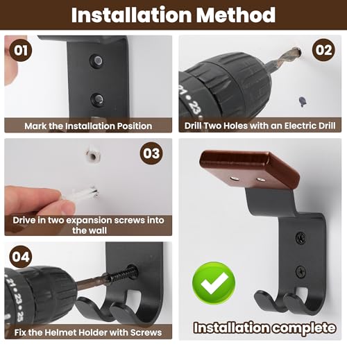 Motorcycle Helmet Holder Wall Mount - Solid Wood & Steel 1 Pack