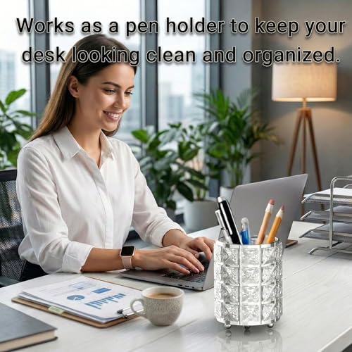 Makeup Brush Holder with Silver Crystal Bling – Elegant Vanity Organizer for Brushes, Pens & Pencils, Ideal for Bathroom or Office Countertop(1Pack)