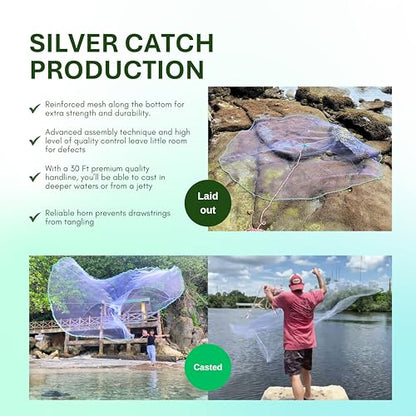 Cast Nets 4.5ft-10ft Radius|3/8",1/2",1" Mesh for Fishing with Chain Bottom, Salt Water Casting Fishing Net Gear, Easy Throw Nets Fishing Bait - Elite Series