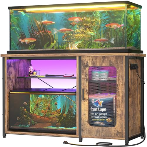 Unikito 55-75 Gallon Aquarium Stand with Power Outlets & LED Light, Reversible Fish Tank Stand with Cabinet for Fish Tank Accessories Storage, Heavy Duty Metal Frame, 880LBS Capacity, Rustic Brown