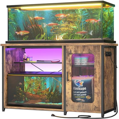 Unikito 55-75 Gallon Aquarium Stand with Power Outlets & LED Light, Reversible Fish Tank Stand with Cabinet for Fish Tank Accessories Storage, Heavy Duty Metal Frame, 880LBS Capacity, Rustic Brown