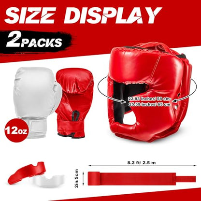 Kanayu 14 Pcs Boxing Gloves and Headgear Set for Beginners Youth 16 Ounce Boxing Gloves Headgear Helmet Hand Wraps Mouth Guards Equipment for Beginners Training Equipment Gifts - color: White, Red