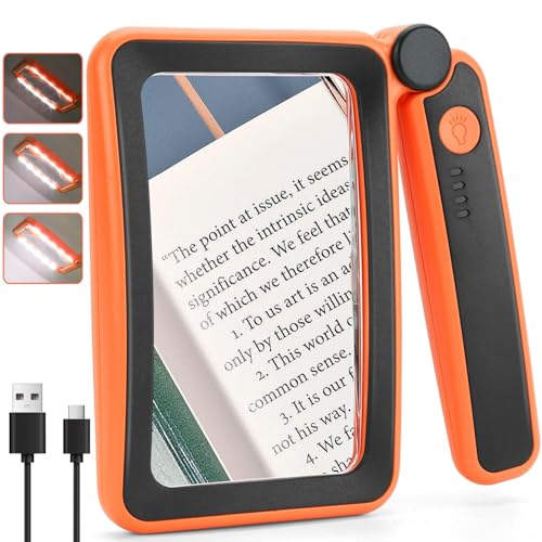 Rechargeable Magnifying Glass with Light for Reading, 5X Large Page Lighted Magnifier for Seniors Low Vision, Folding Handheld Rectangle Magnifier for Reading Small Print Orange-Black - color: Orange Black