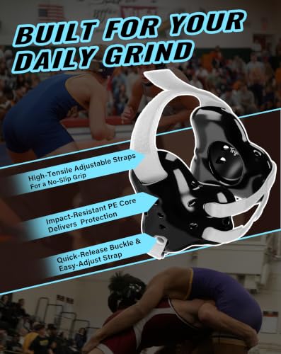 Trymaker Wrestling Headgear, Youth Head Gear with Chin Cup & Pad - color: Black Headgear & White Strap