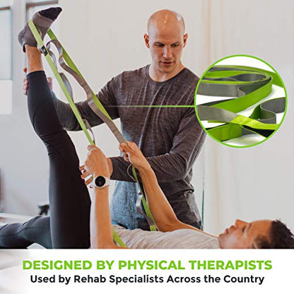 Stretching Strap for Physical Therapy, 12 Multi-Loop Stretch Strap 1" W x 8' L, Neoprene Handles, Physical Therapy Equipment, Yoga Straps for Stretching, Leg Stretcher. - color: Green/Grey