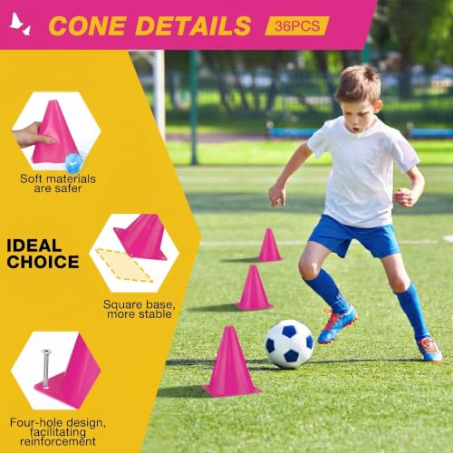 36pcs Cones 7 Inch Soccer Cones and Plastic Traffic Cones, Durable Cones for Sports Training, Ideal for Soccer, Basketball, Football, Skating, and Agility Drills Practice - color: pink